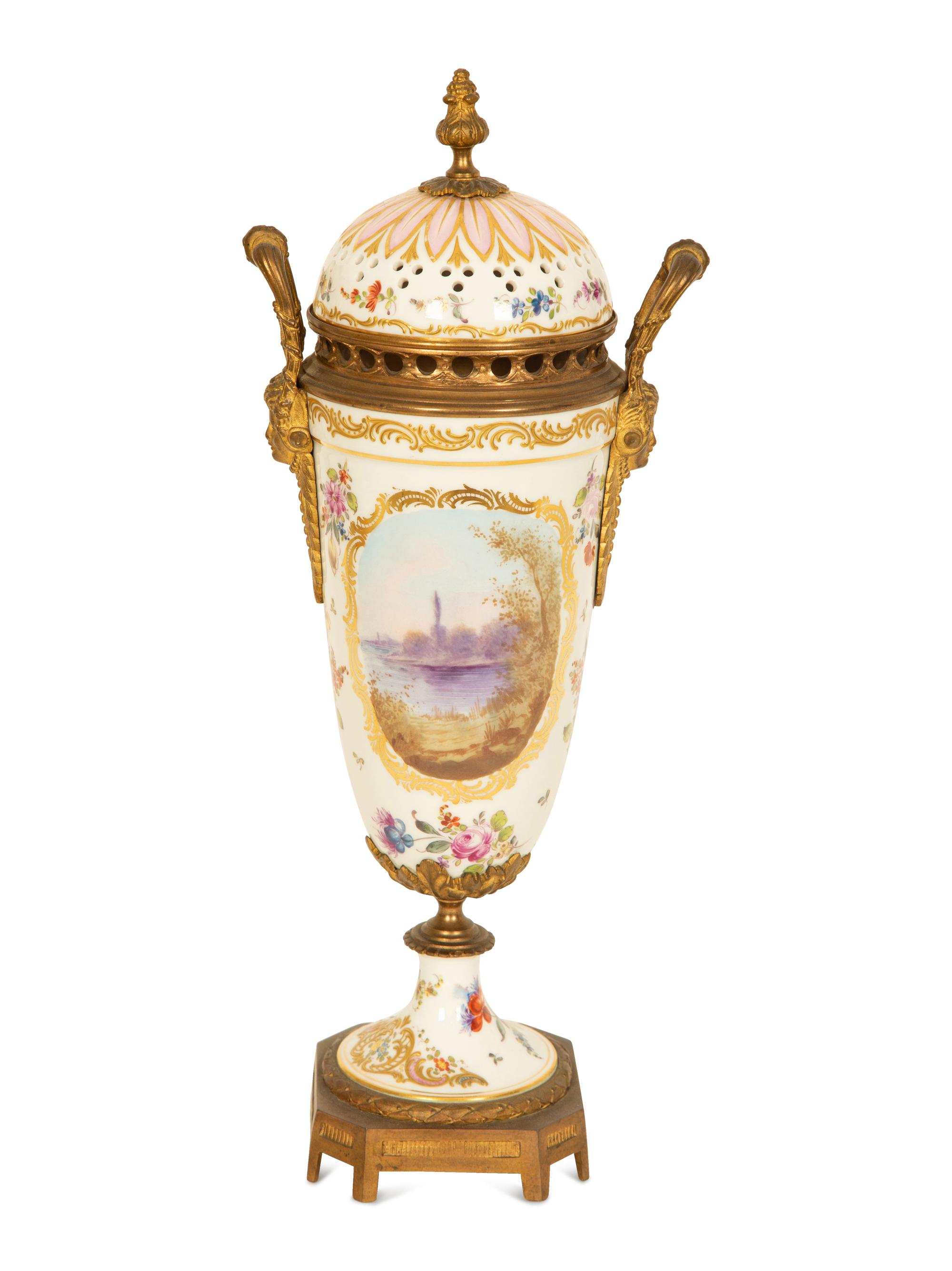 A Sevres Style Gilt Metal Mounted Porcelain Urn
