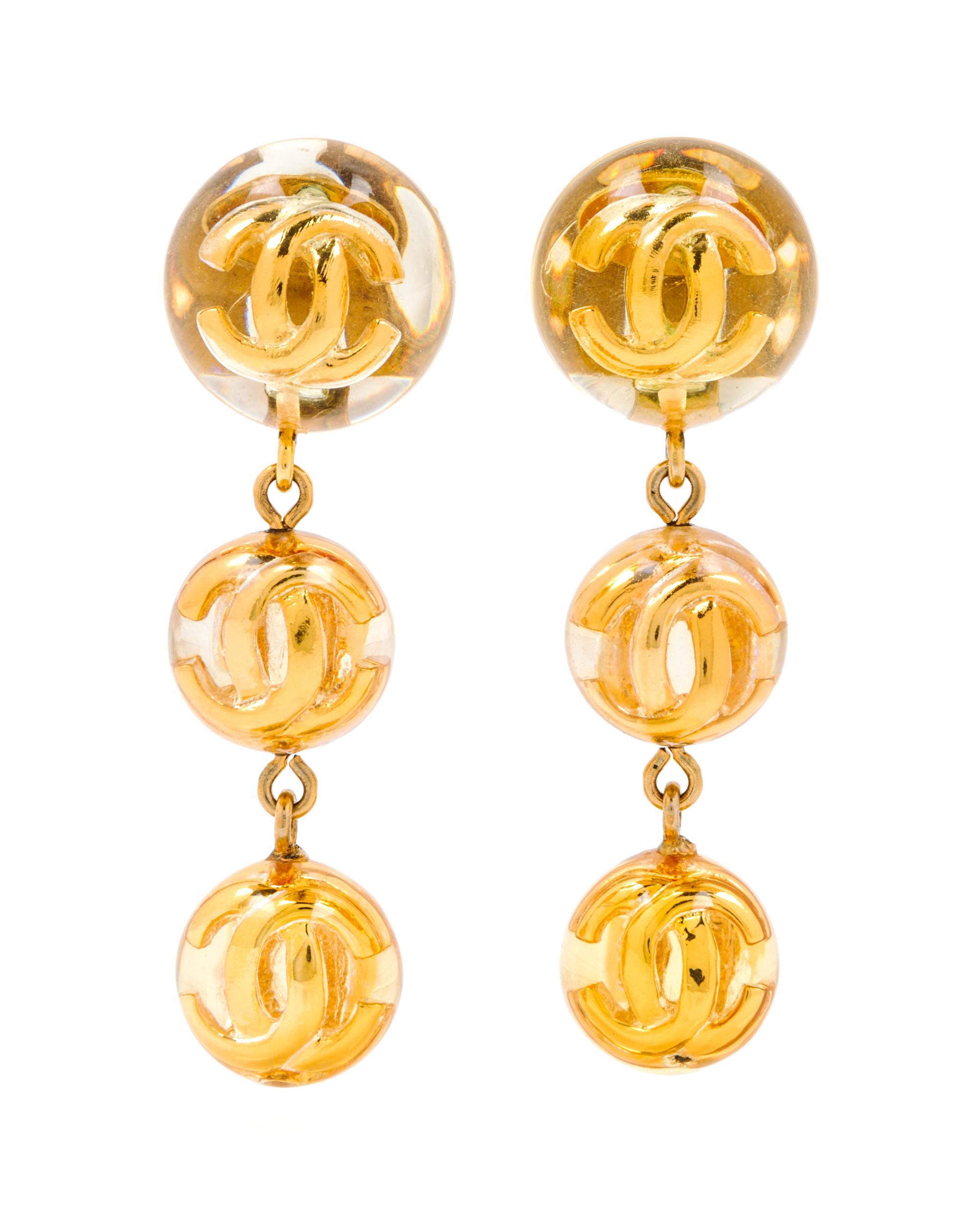 A Pair of Chanel Lucite and Goldtone Drop Earclips, 3.5".