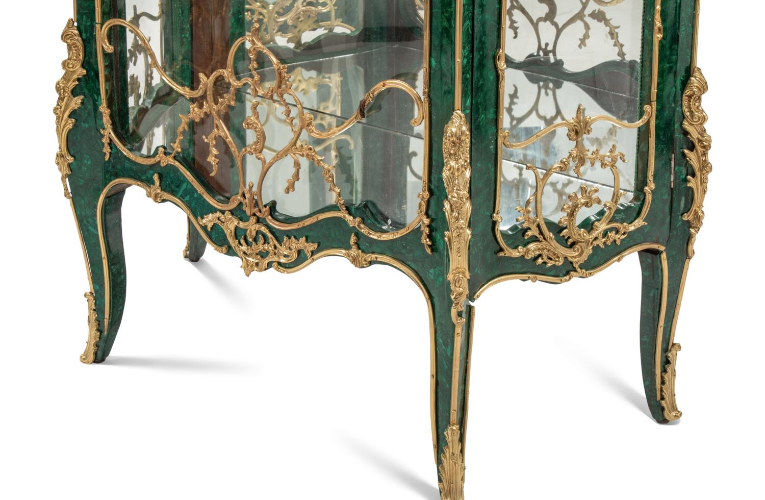 A Pair of Louis XV Style Gilt Bronze and Porcelain Mounted Malachite Cabinets