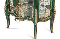 A Pair of Louis XV Style Gilt Bronze and Porcelain Mounted Malachite Cabinets