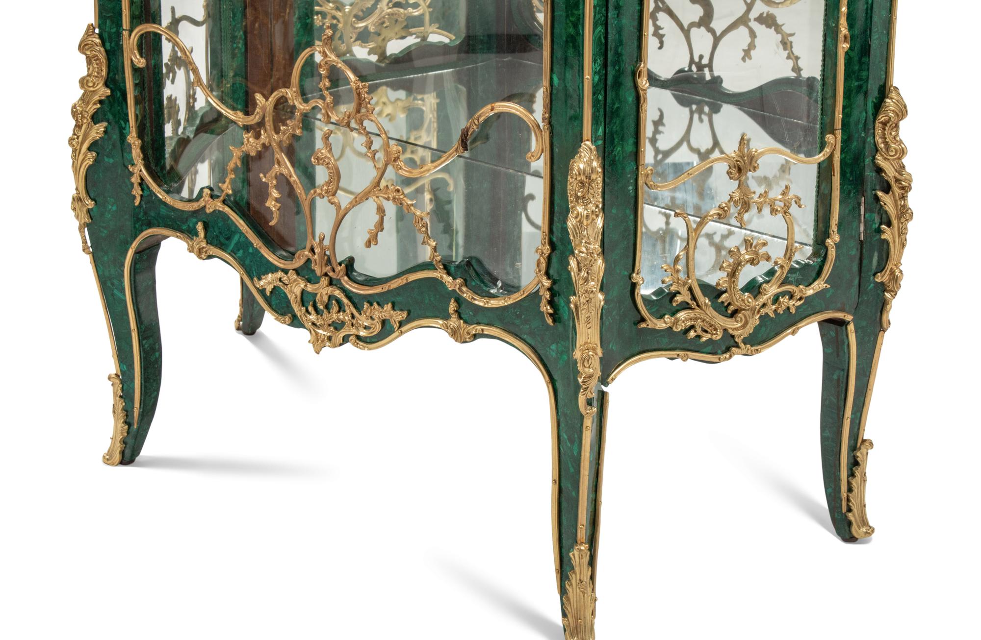 A Pair of Louis XV Style Gilt Bronze and Porcelain Mounted Malachite Cabinets