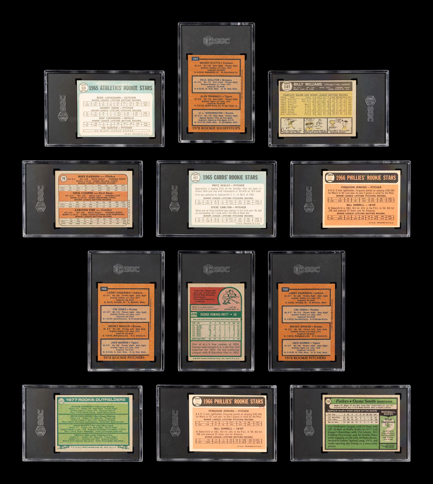 A Group of 12 Hall of Fame Rookie Baseball Cards (Carlton Fisk, Steve Carlton, Ozzie Smith, Andre Dawson, Paul Moiltor / Alan Trammell, Jack Morris, George Brett, Fergie Jenkins, Jim Catfish Hunter),