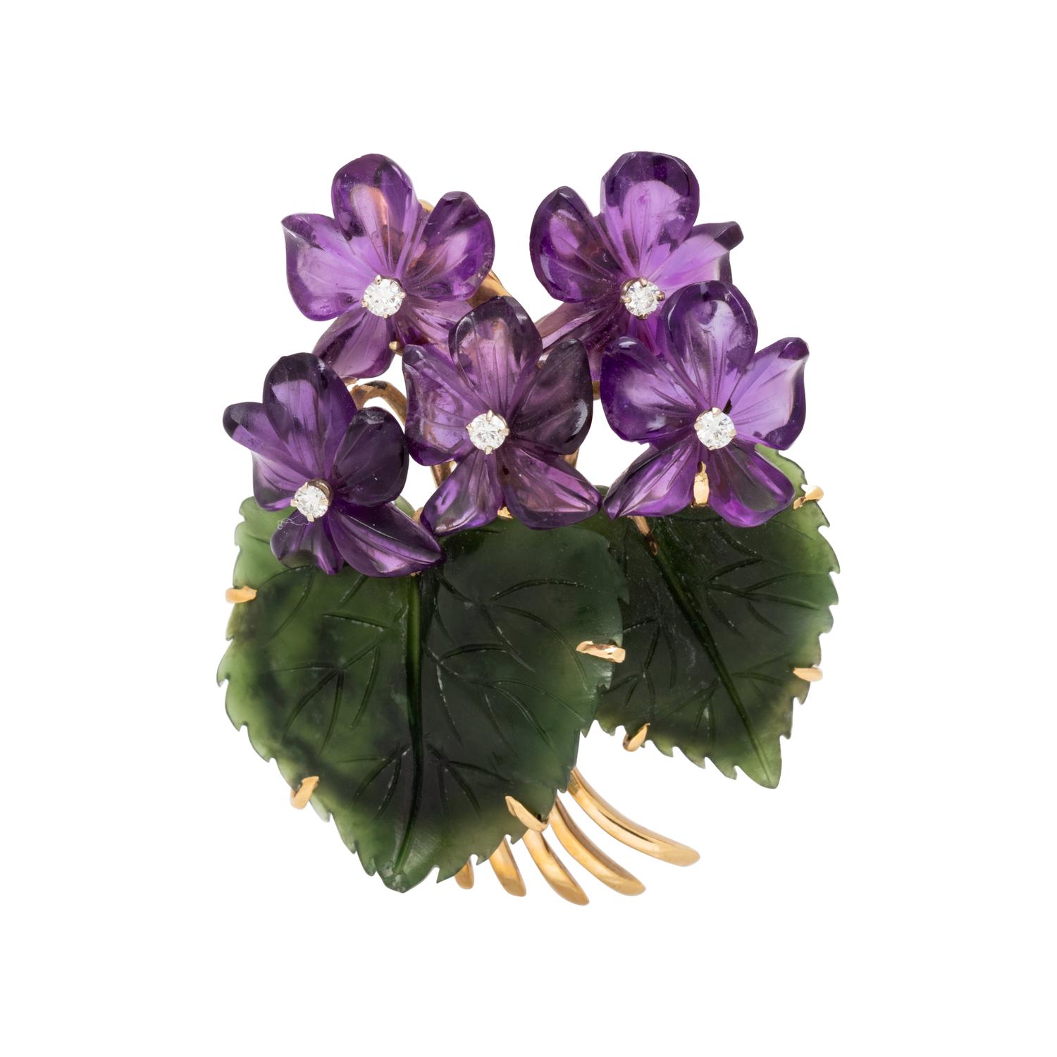 AMETHYST, HARDSTONE AND DIAMOND FLOWER PENDANT/BROOCH