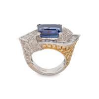 SAPPHIRE, COLORED DIAMOND AND DIAMOND RING