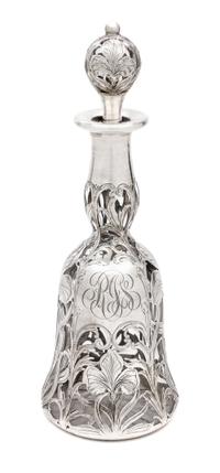 An Art Nouveau Silver Overlay Glass Decanter, retailed by Black, Starr & Frost Height 10 3/4 inches.