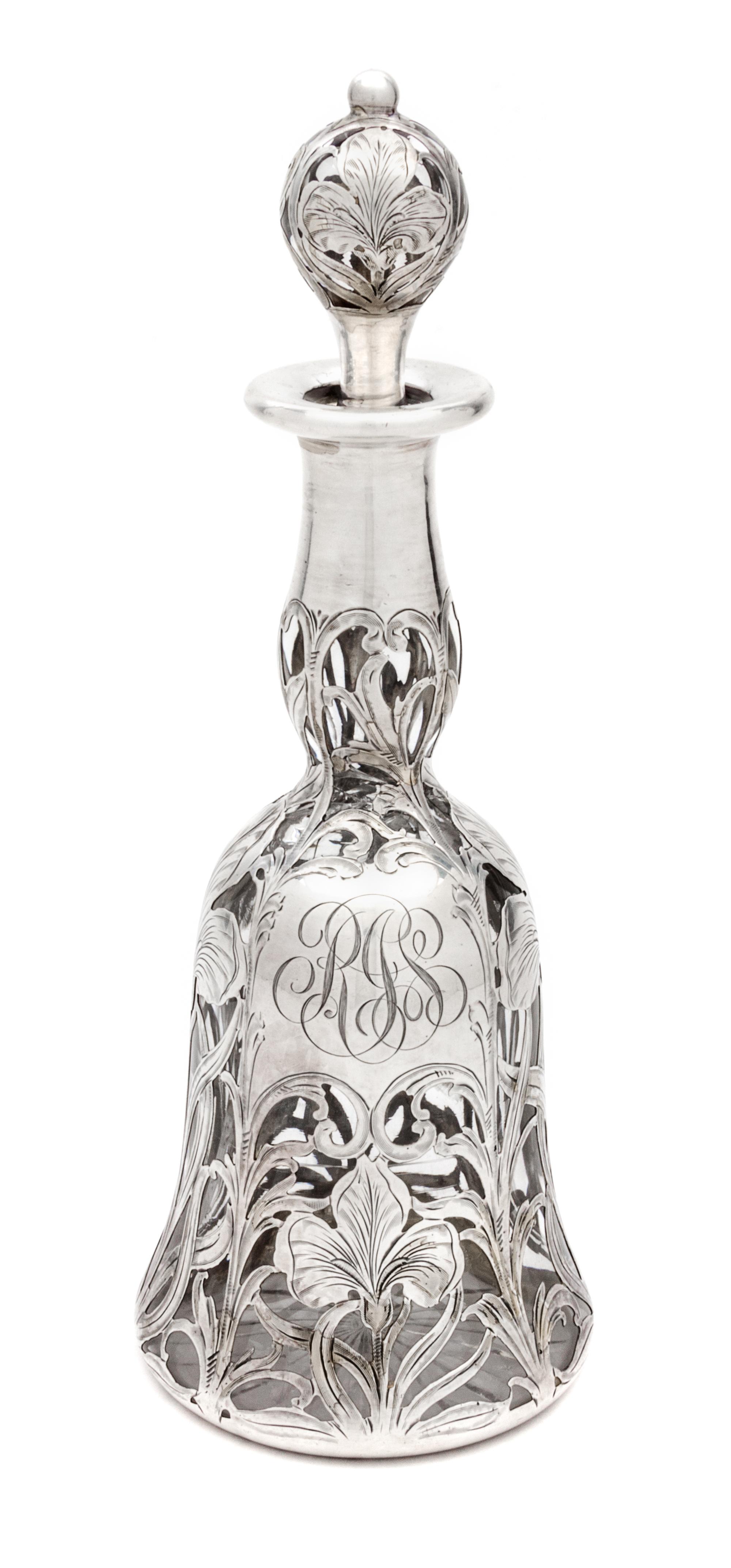 An Art Nouveau Silver Overlay Glass Decanter, retailed by Black, Starr & Frost Height 10 3/4 inches.