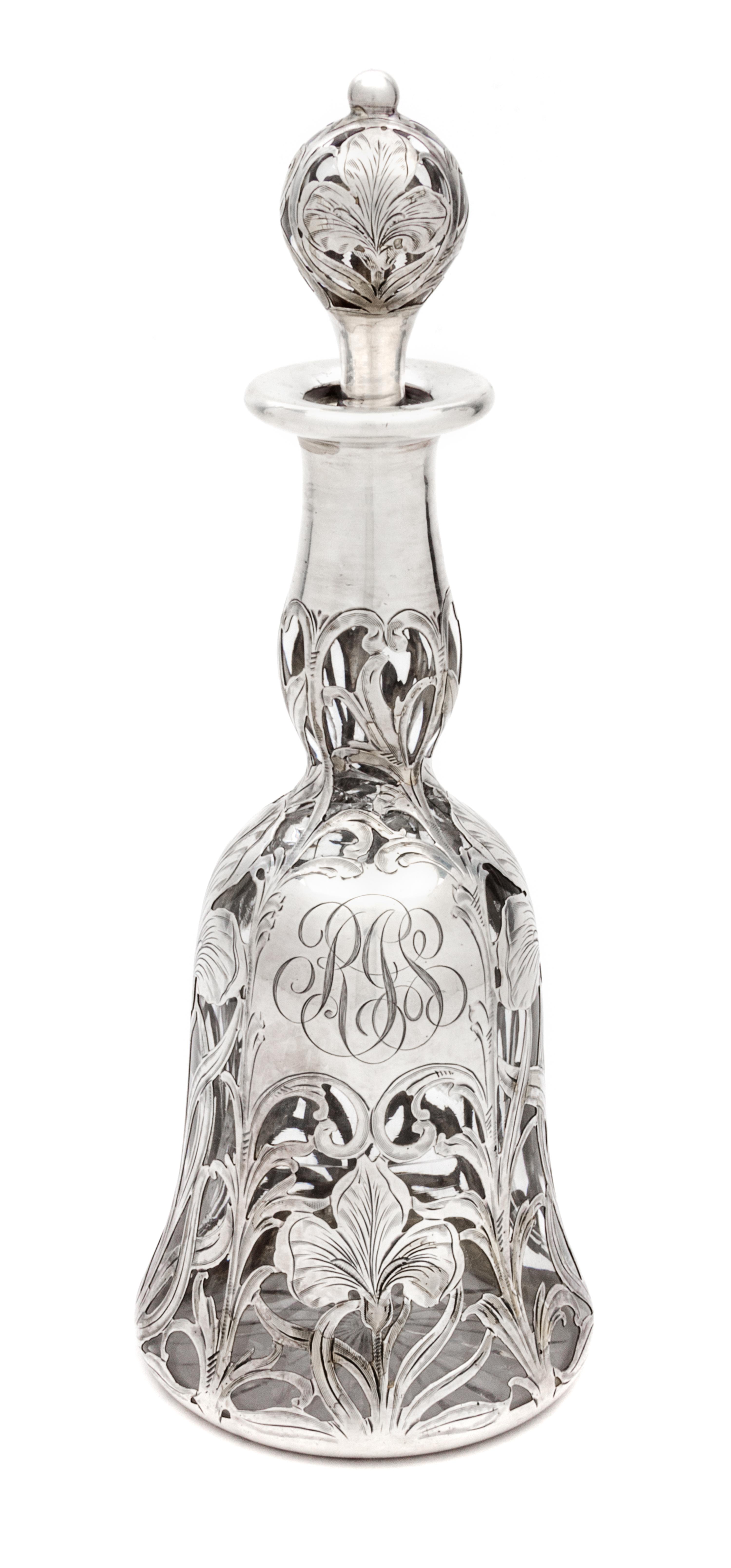 An Art Nouveau Silver Overlay Glass Decanter, retailed by Black, Starr & Frost Height 10 3/4 inches.