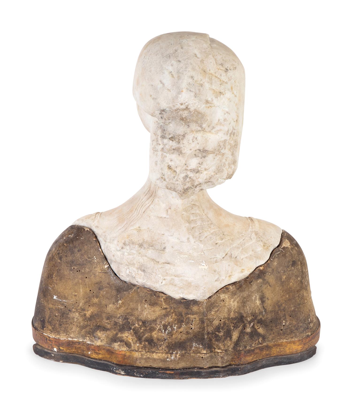 An Italian Carved Marble and Incised Wood Bust of a Woman — 17TH/18TH CENTURY, THE BASE 19TH CENTURY