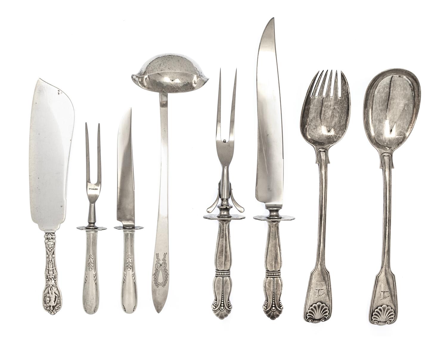A Collection of Eight Silver and Silver-Plate Serving Articles, 20th Century, comprising an English silver salad set, London, maker GA,