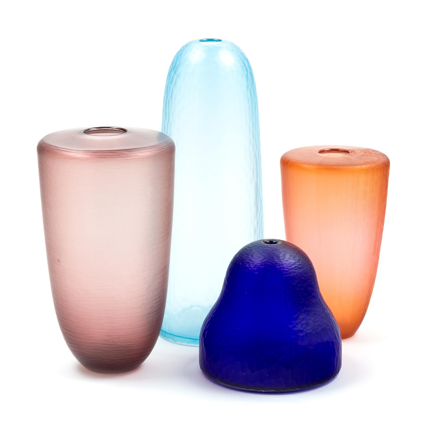 Four Art Glass Vases Height of tallest 15 inches.