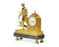 A French Neoclassical gilt bronze mantel clock depicting Diana of the Hunt, works by "Denisart à Paris," early 19th century