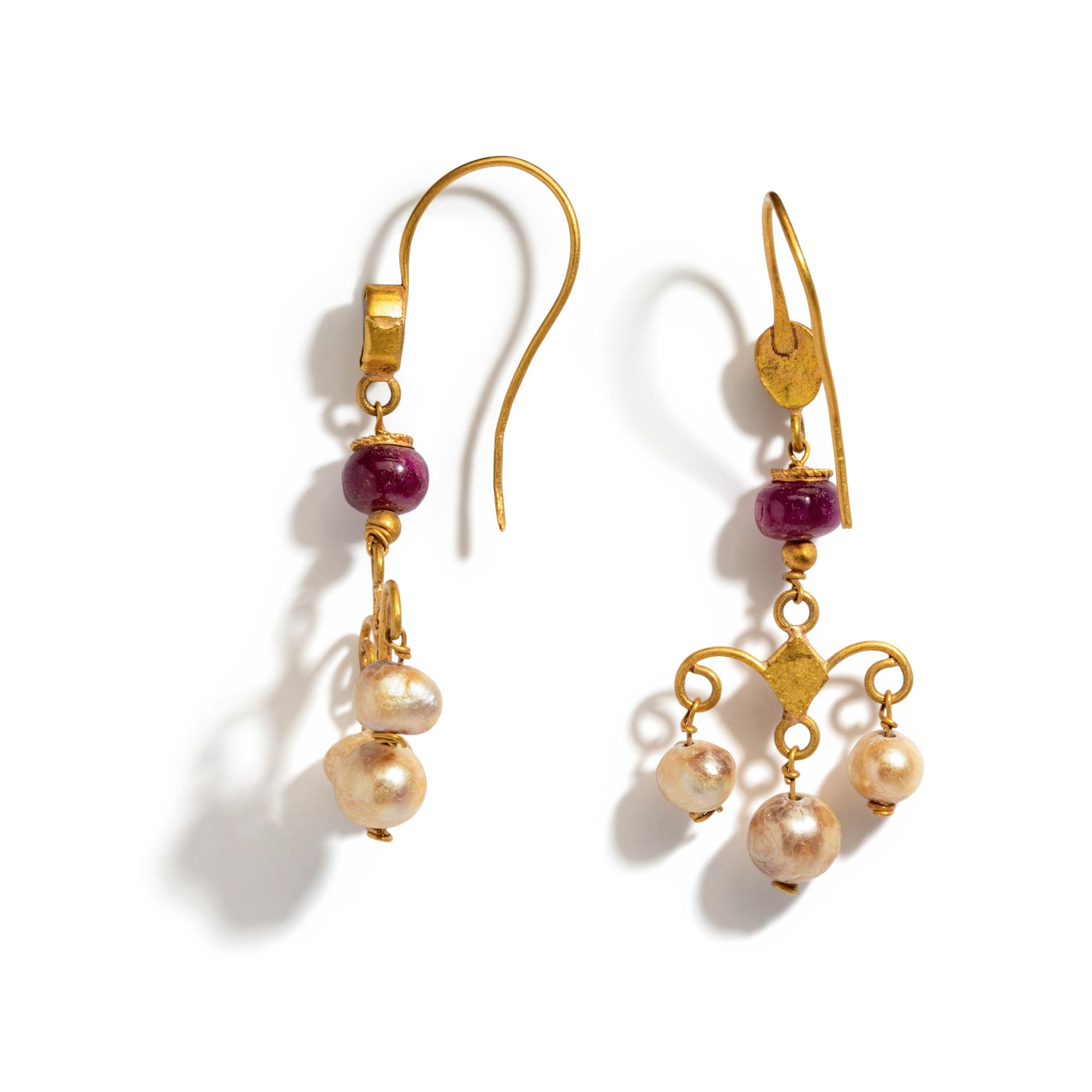 A Pair of Byzantine Gold, Pearl, and Glass Earrings