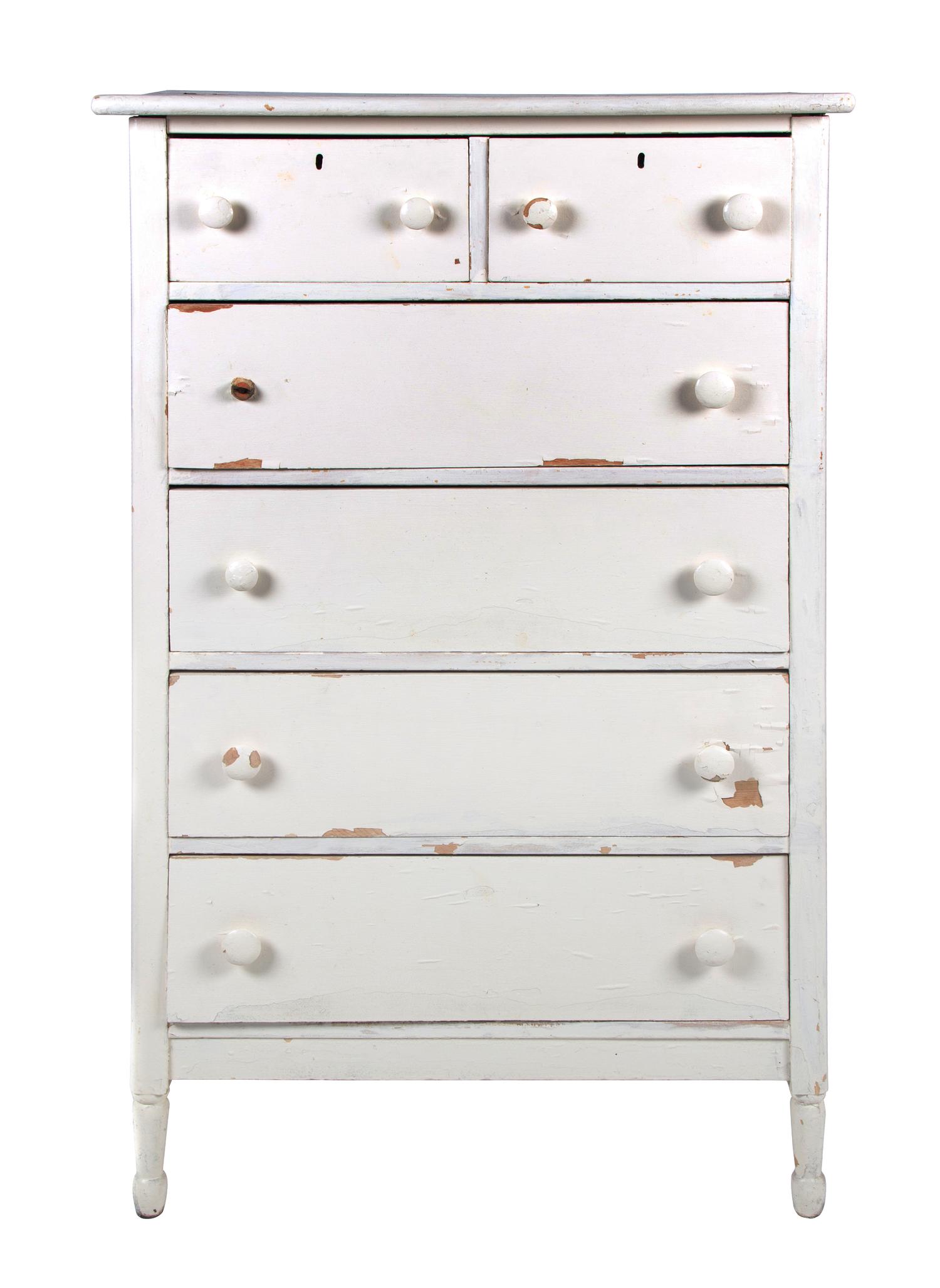 A Group of White Painted Dressers Height of larger 48 1/2 inches x width 34 inches x depth 19 1/4 inches.