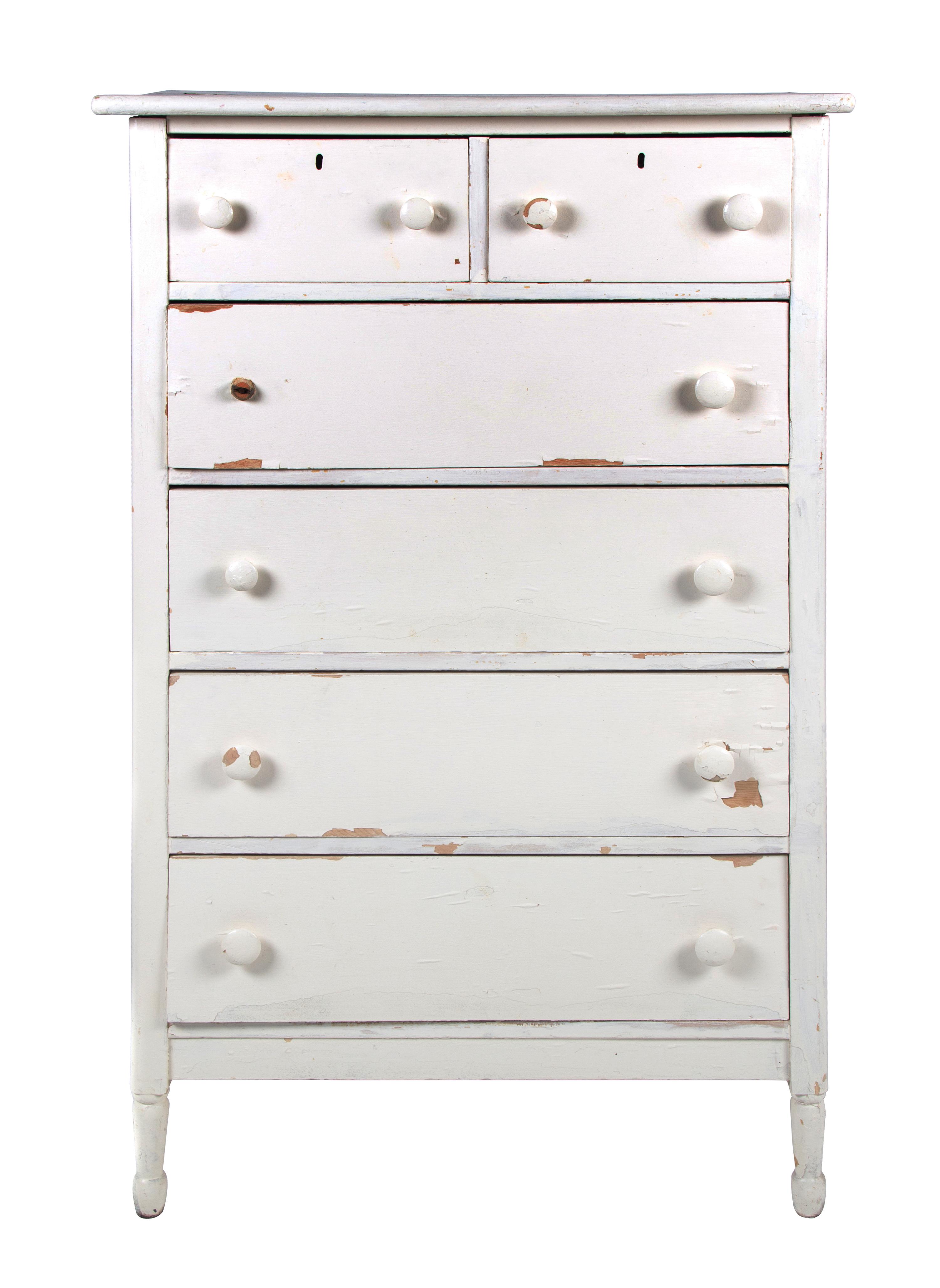 A Group of White Painted Dressers Height of larger 48 1/2 inches x width 34 inches x depth 19 1/4 inches.