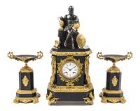 A French Gilt and Patinated Bronze Mounted Slate Garniture Height of clock 22 inches. — 19TH CENTURY
