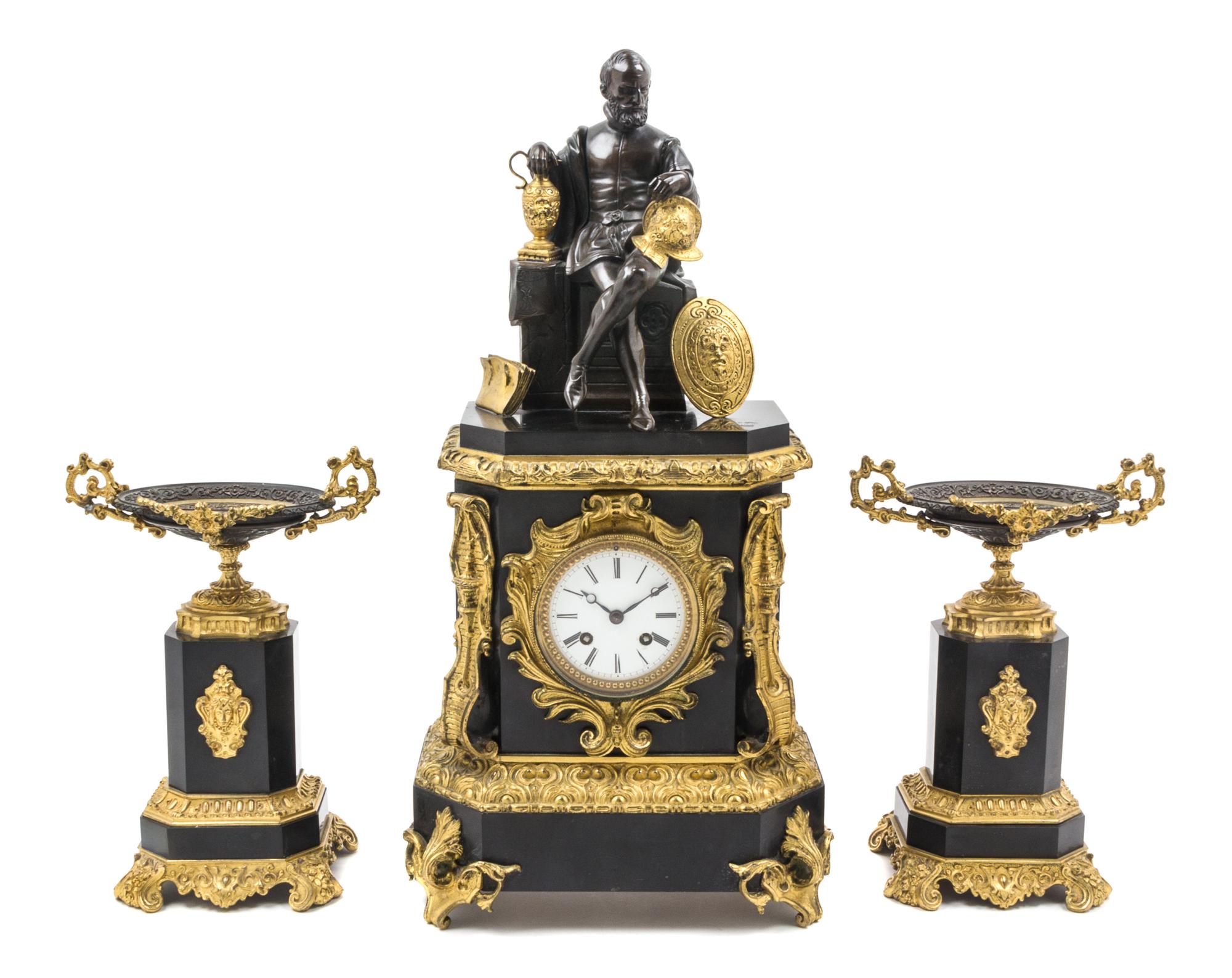 A French Gilt and Patinated Bronze Mounted Slate Garniture Height of clock 22 inches. — 19TH CENTURY