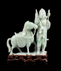 A Green Jadeite Figural Group of a Warrior and a Horse Height 8 3/4 inches. — 20TH CENTURY