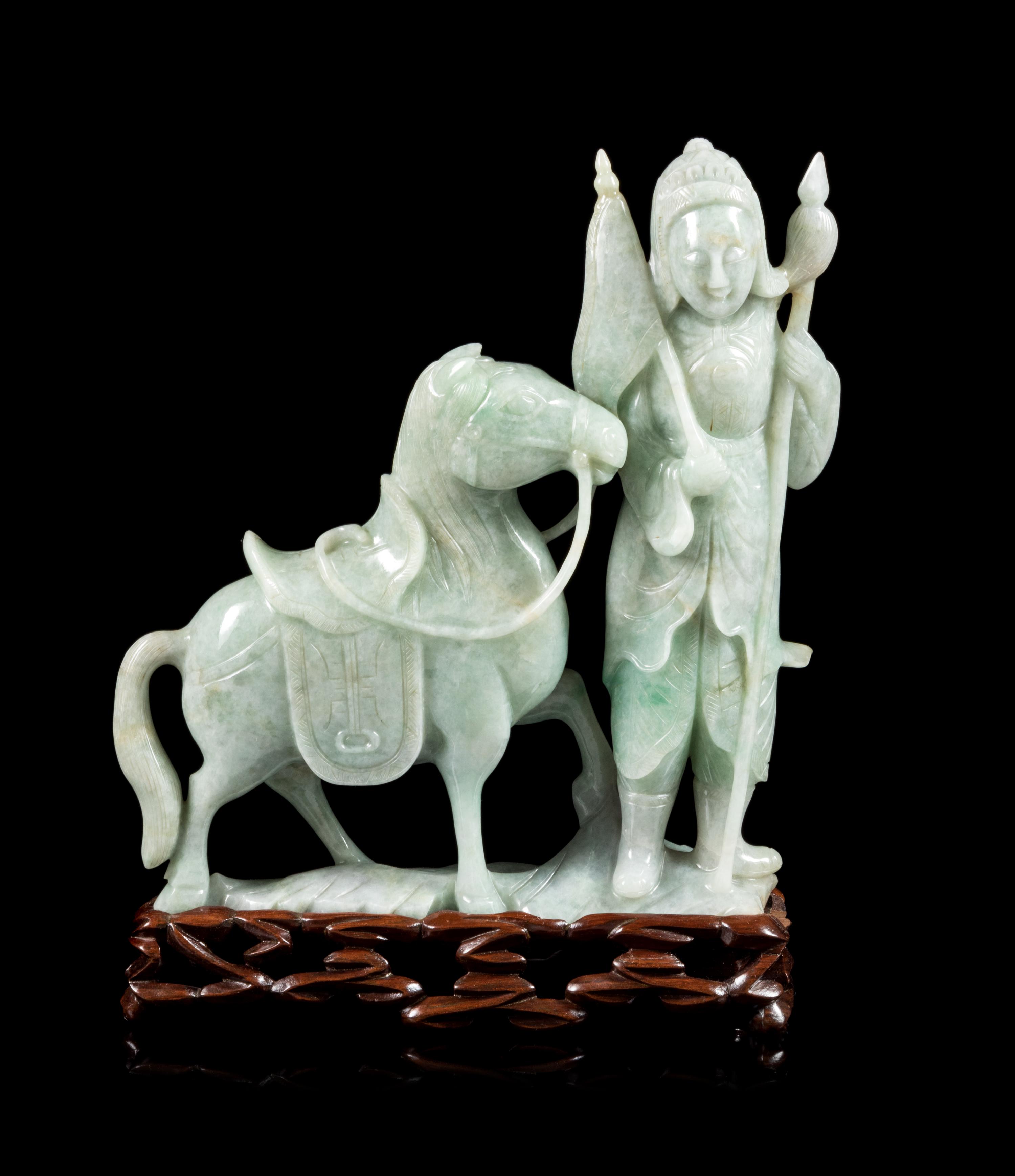 A Green Jadeite Figural Group of a Warrior and a Horse Height 8 3/4 inches. — 20TH CENTURY