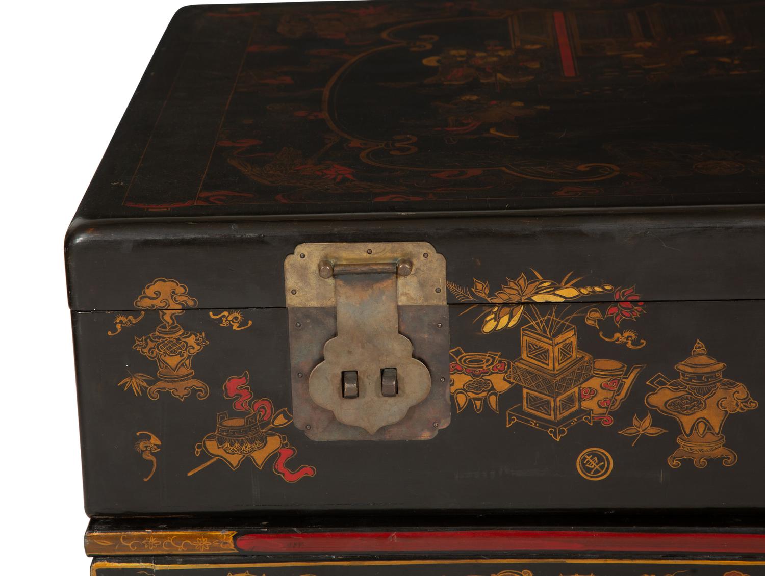 A Chinese Lacquered Trunk on Stand