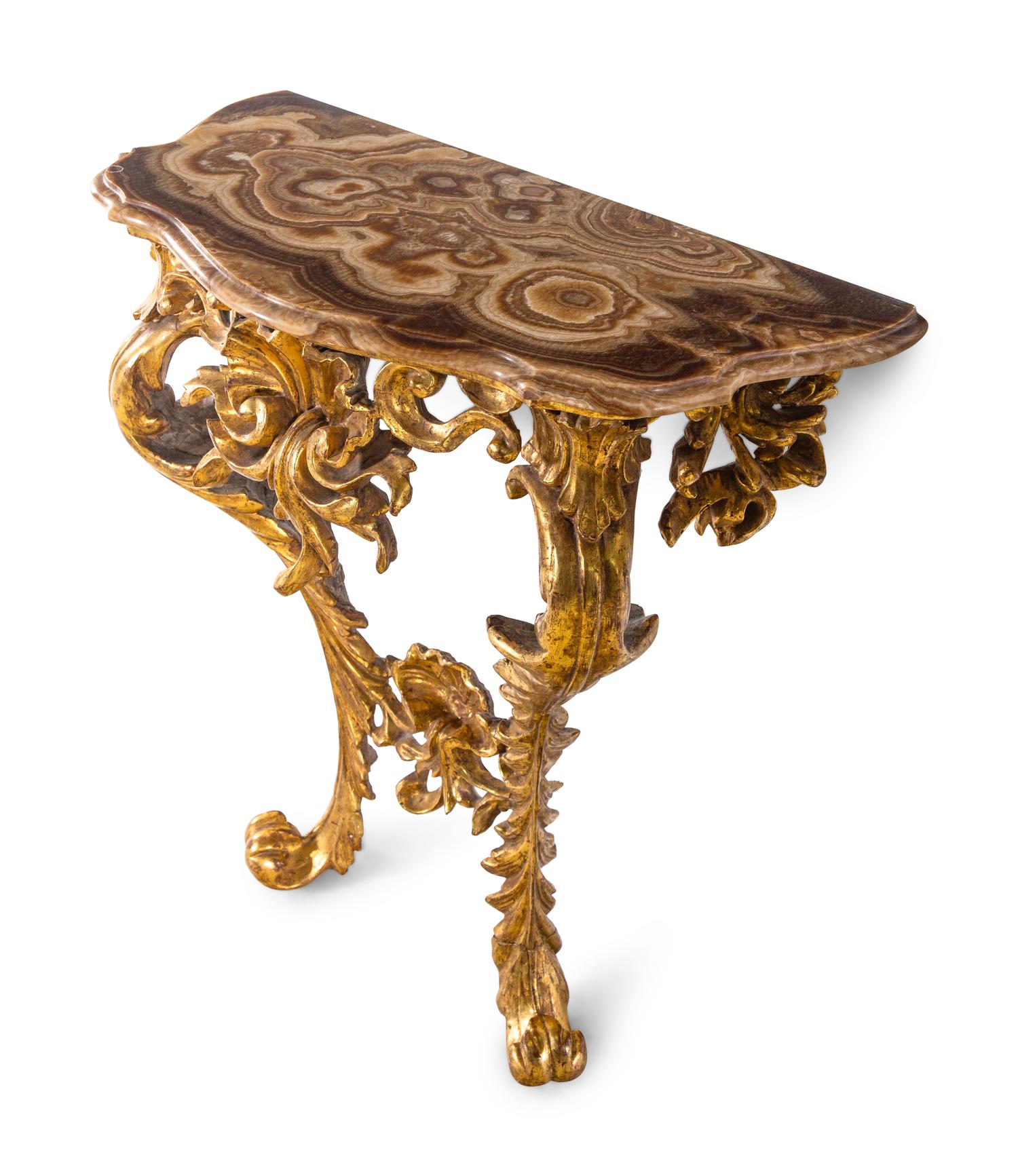 A Pair of Italian Baroque Giltwood Onyx-Top Console Tables