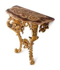 A Pair of Italian Baroque Giltwood Onyx-Top Console Tables