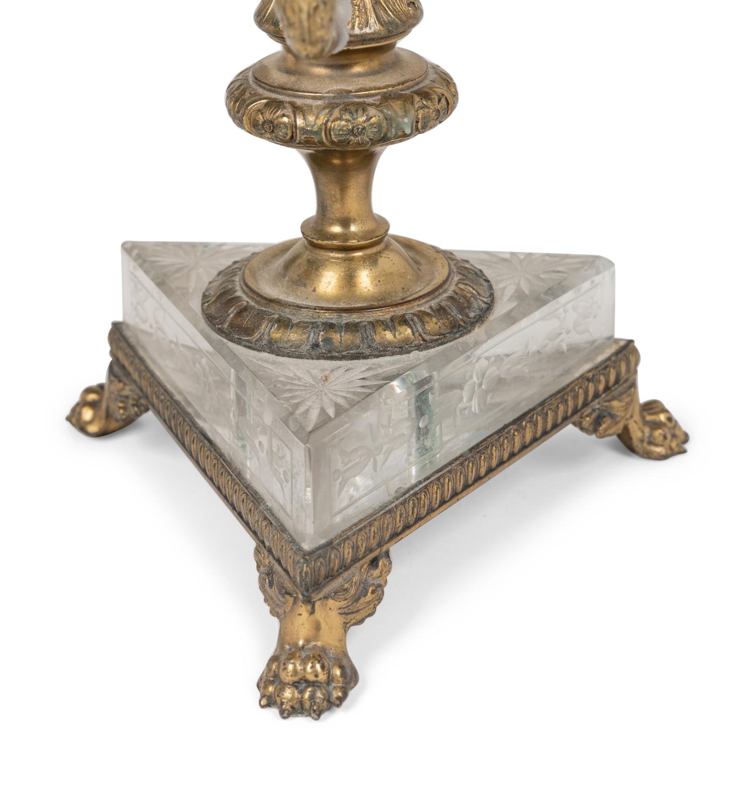 A Pair of Pairpoint Gilt Metal Mounted Etched Glass Three-Light Candelabra
