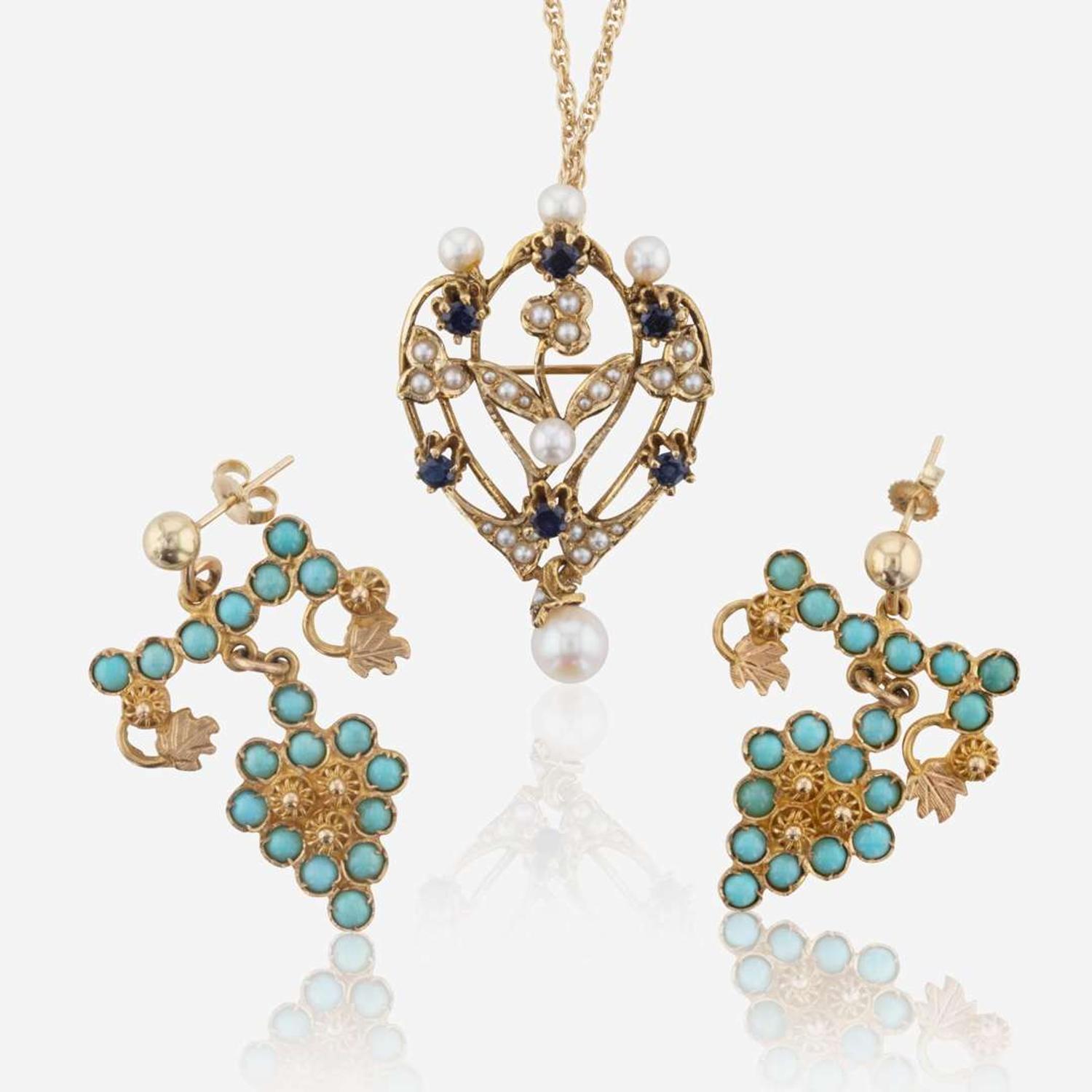 A Set of Yellow Gold and Gemstone Necklace and Earrings
