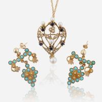 A Set of Yellow Gold and Gemstone Necklace and Earrings