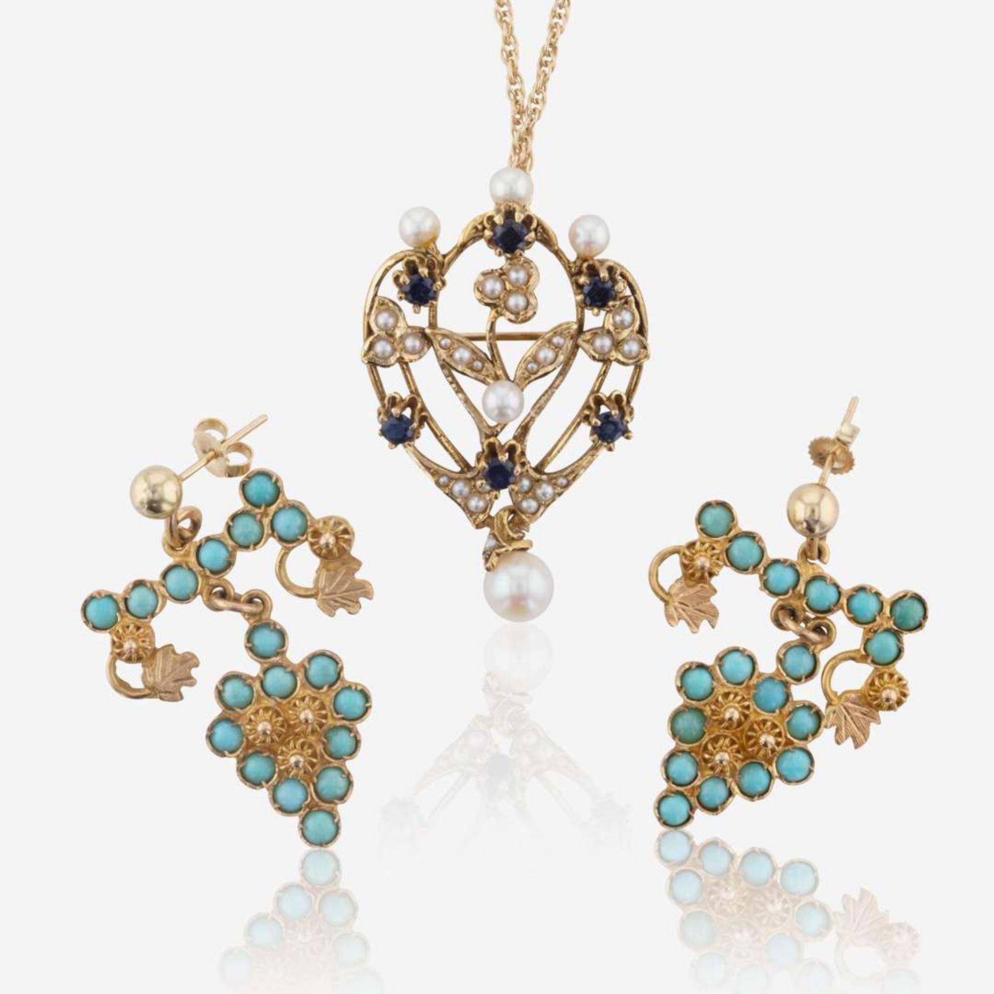 A Set of Yellow Gold and Gemstone Necklace and Earrings
