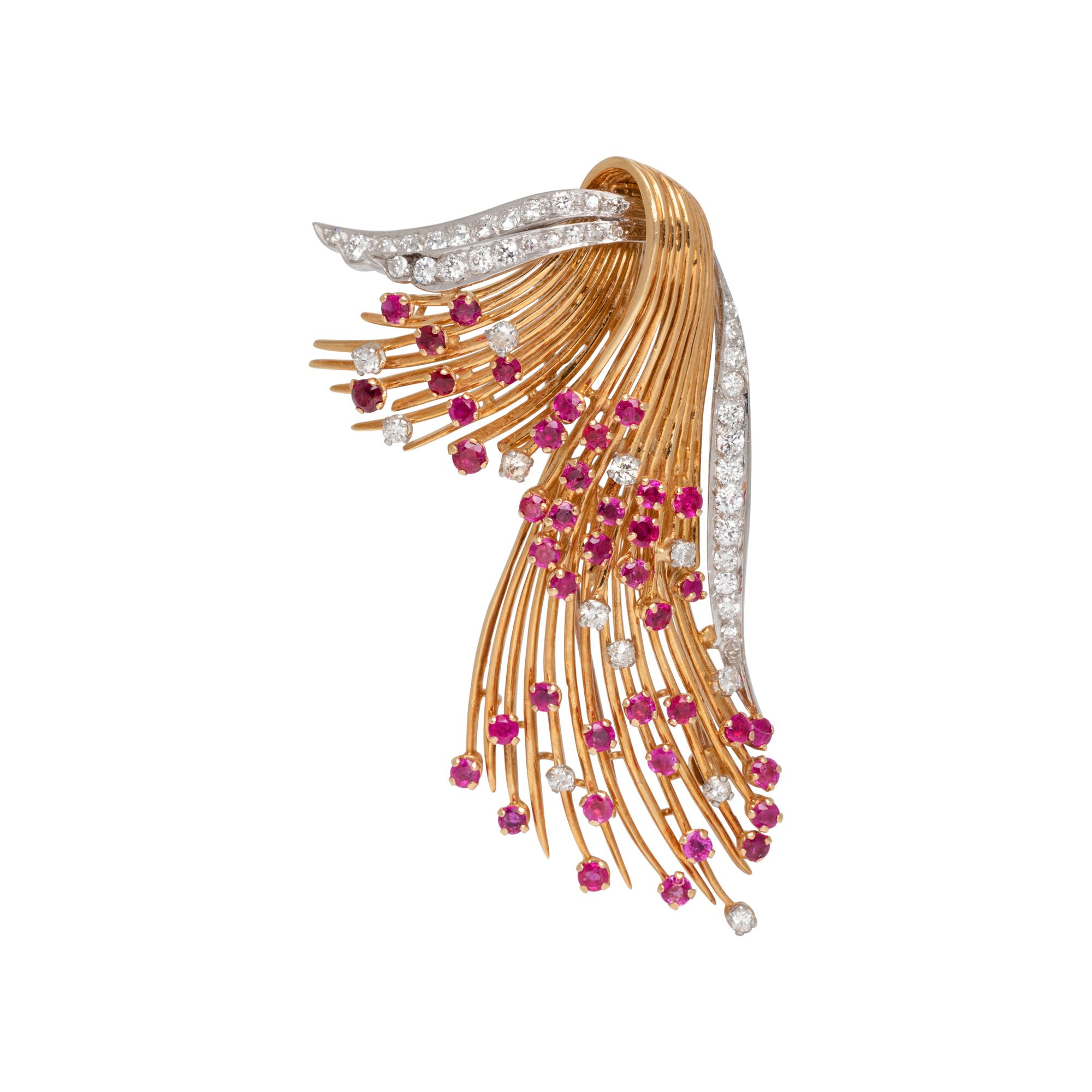 KUTCHINSKY, VINTAGE, YELLOW GOLD, DIAMOND AND RUBY BROOCH