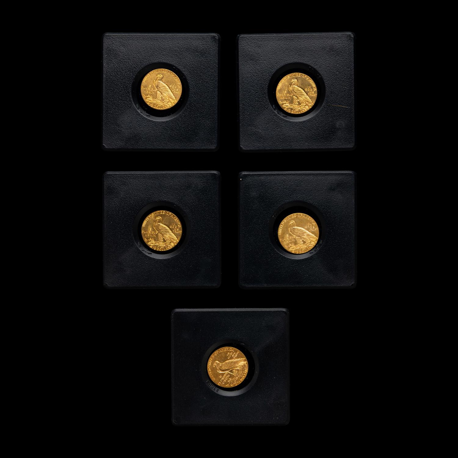 A Group of Five Indian Head $2.50 Gold Coins