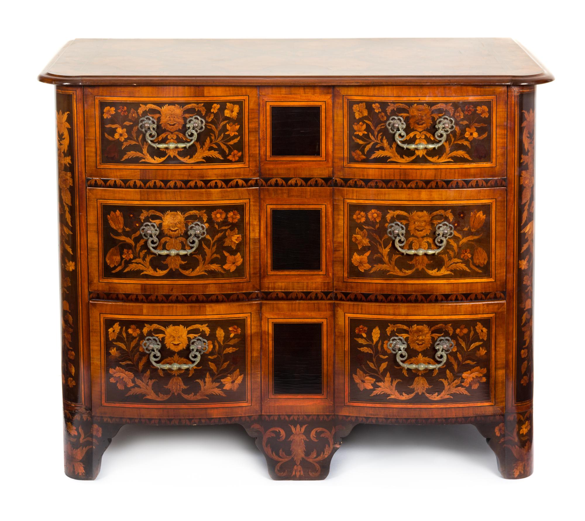 A Pair of Italian Baroque Ebonized and Marquetry Commodes Height 35 1/2 x width 42 x depth 22 inches. — 20TH CENTURY