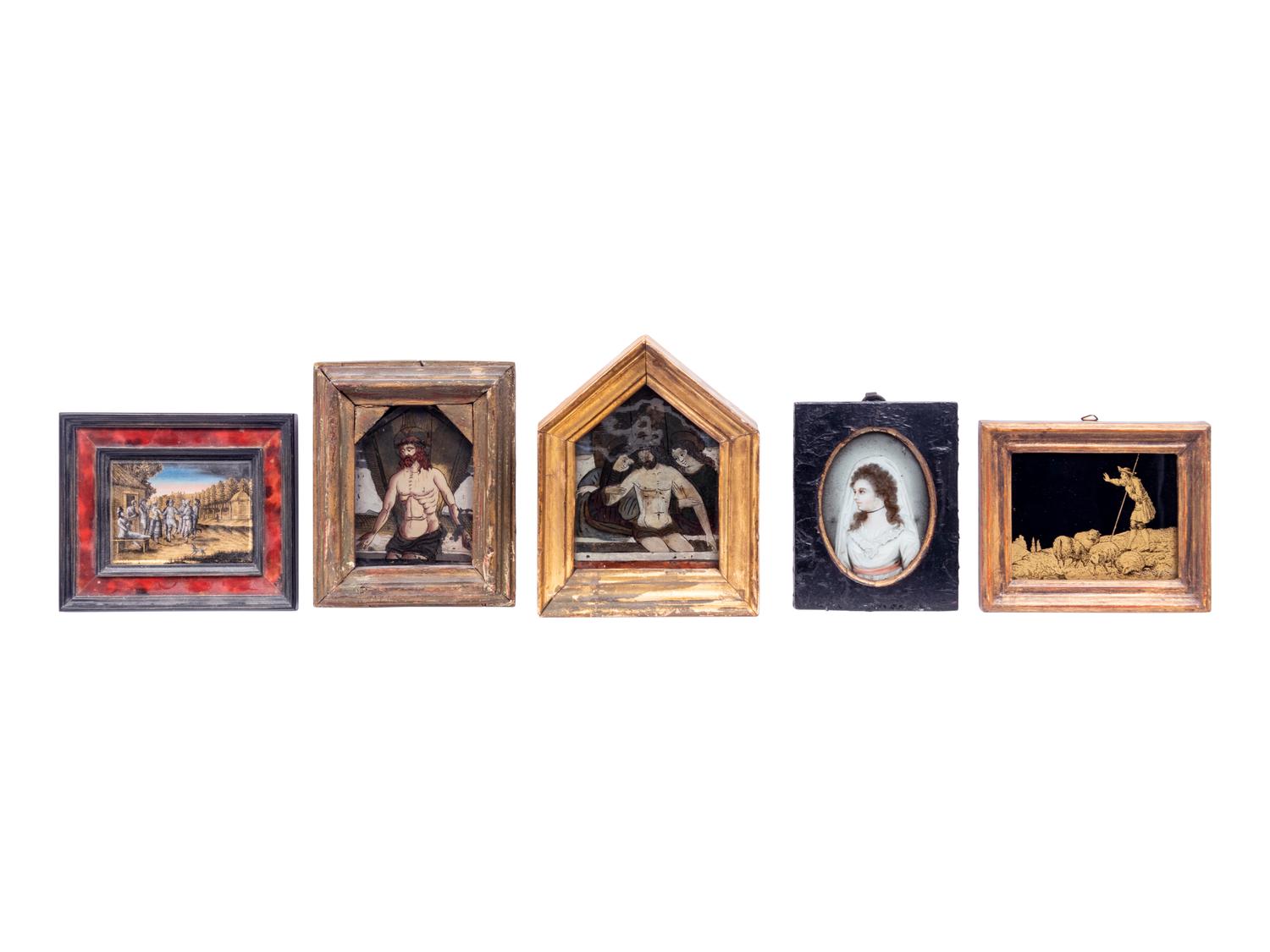 A Collection of Thirteen Continental Reverse-Painted Glass Plaques and Miniature Paintings