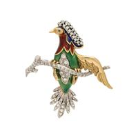 Enamel, Diamond, and Bicolor Gold Bird Brooch