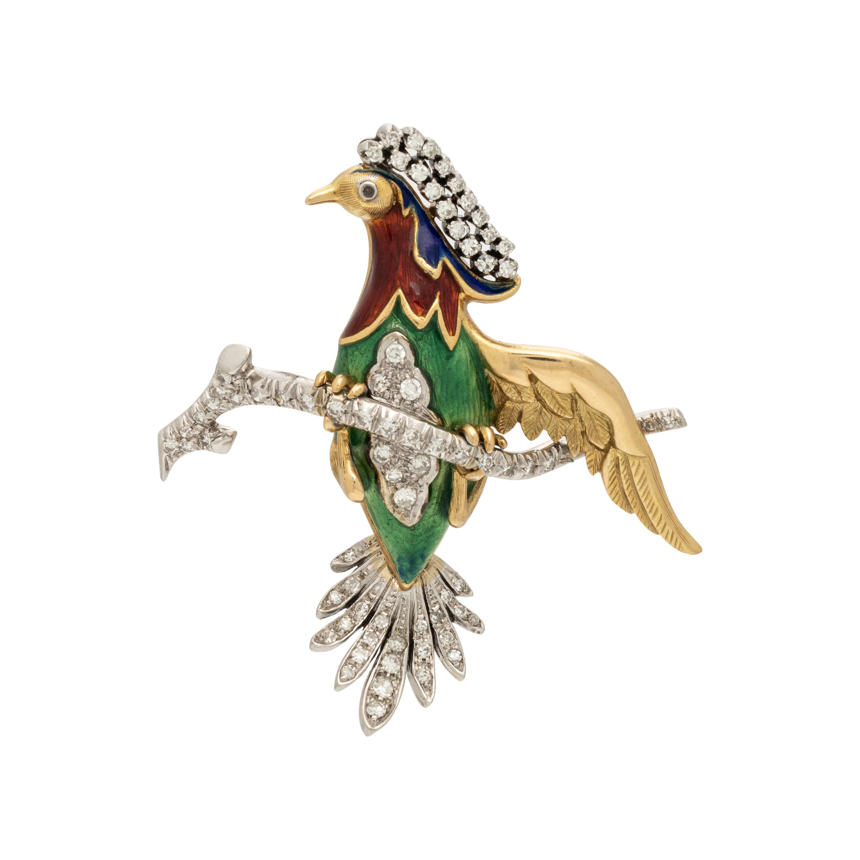 Enamel, Diamond, and Bicolor Gold Bird Brooch