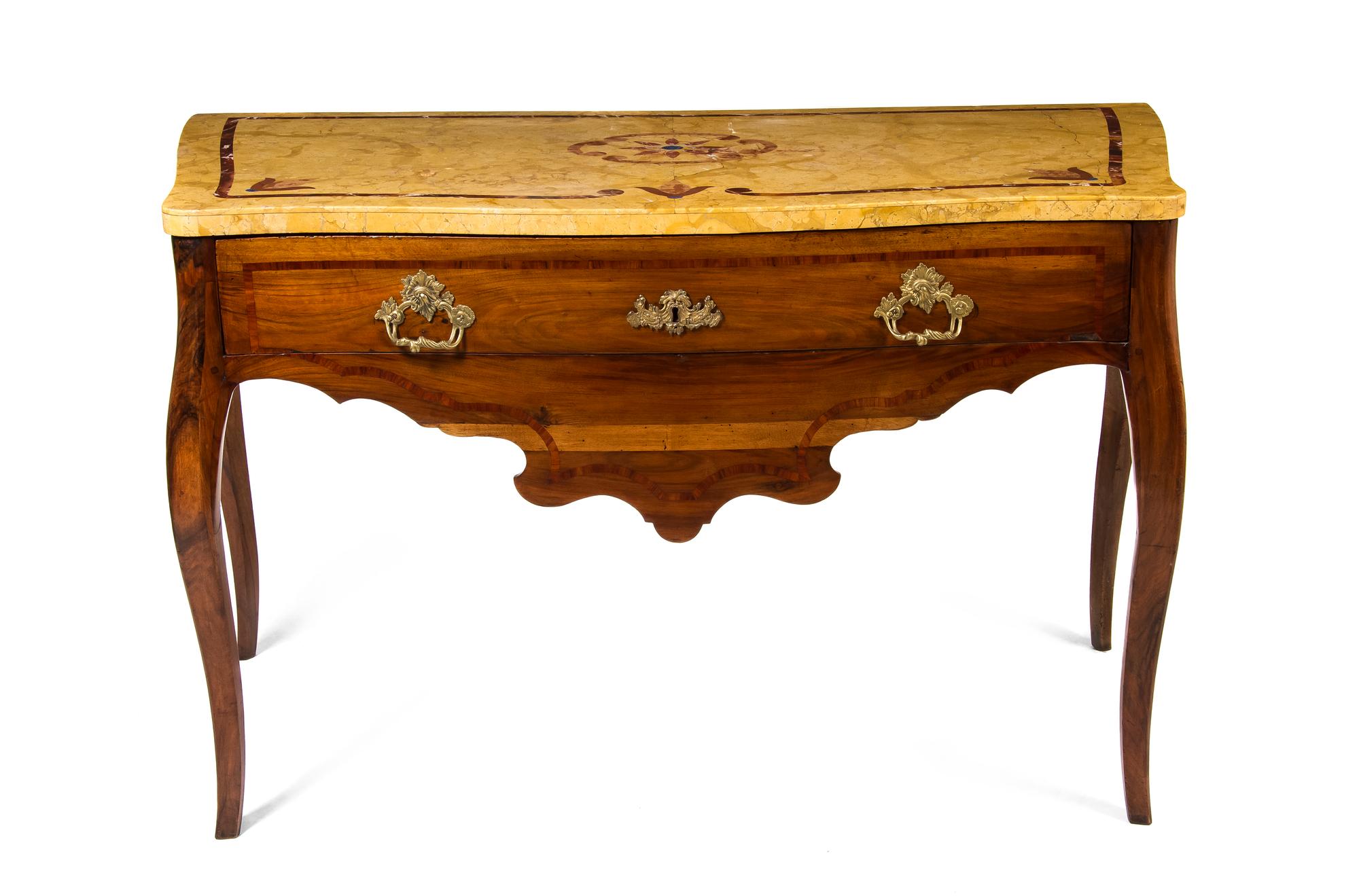 An Italian Parquetry Decorated Mahogany Console Table, Height 34 1/2 x width 57 x depth 28 1/4 inches.