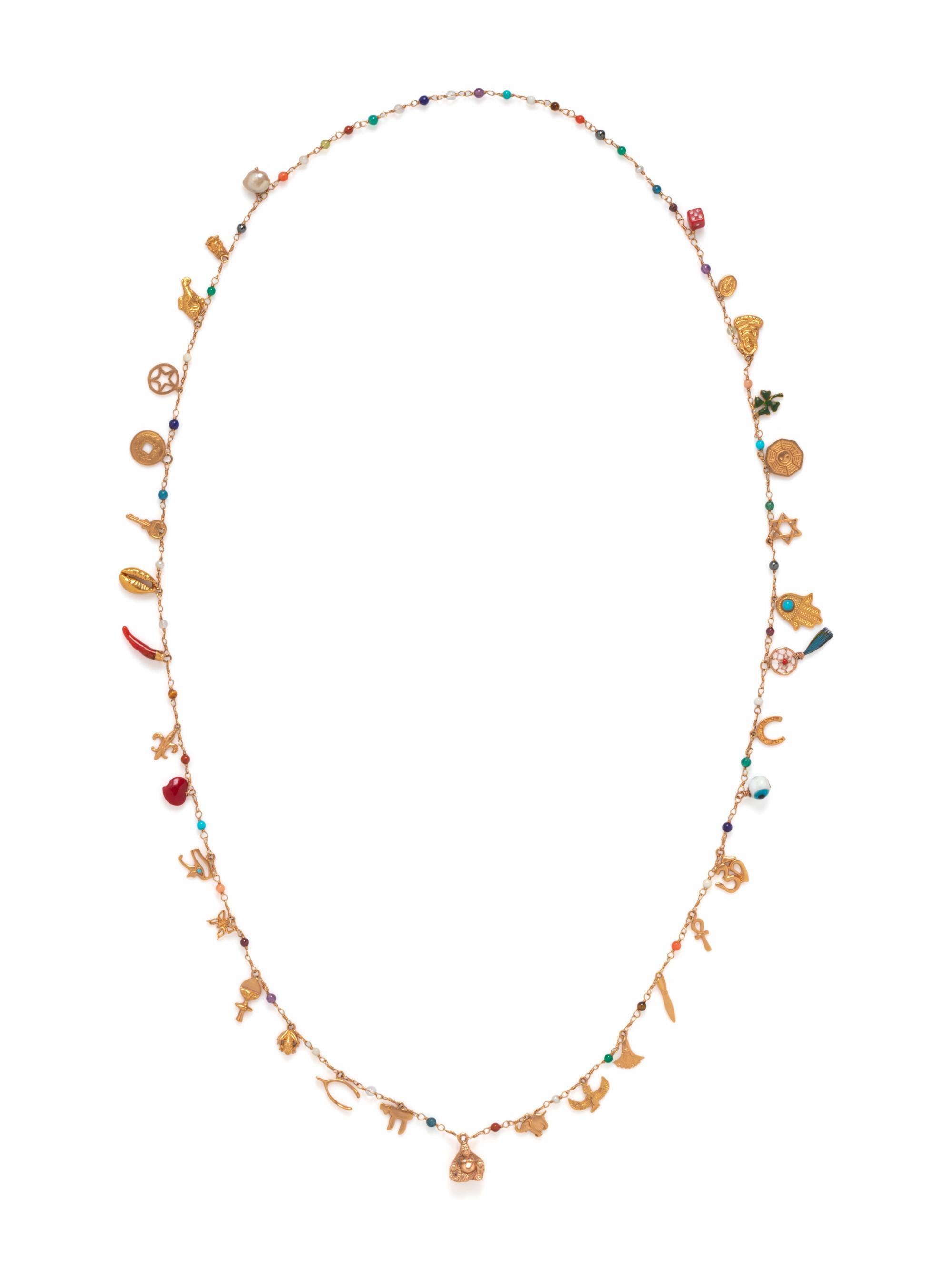 YELLOW GOLD, MULTIGEM AND ENAMEL CHARM NECKLACE