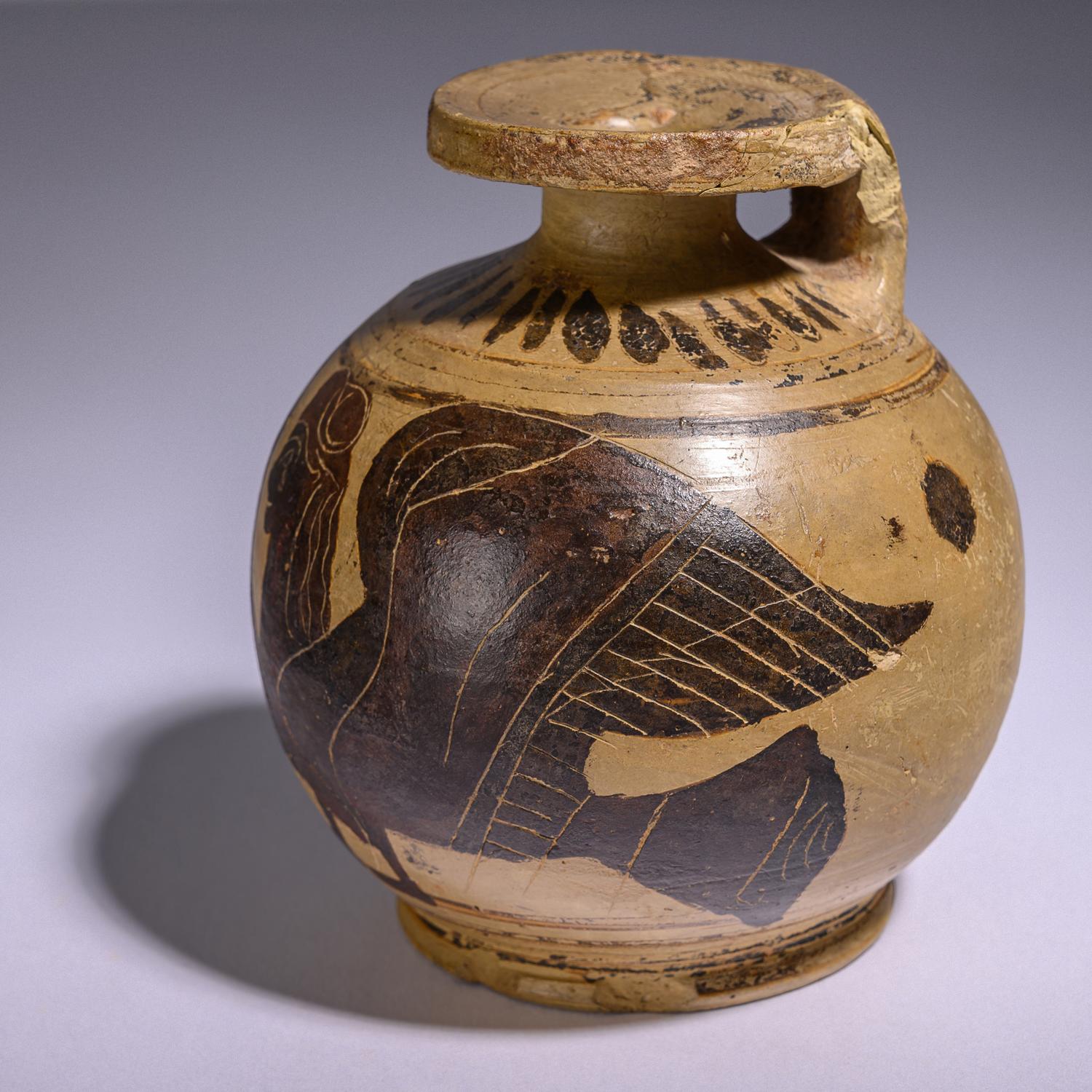 A Corinthian Black-Figured Aryballos with Siren
