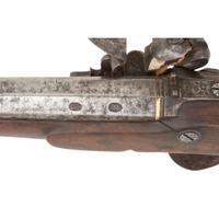 Pair of Flintlock Pistols by Clarke with Detachable Stock in Repurposed Wood Case