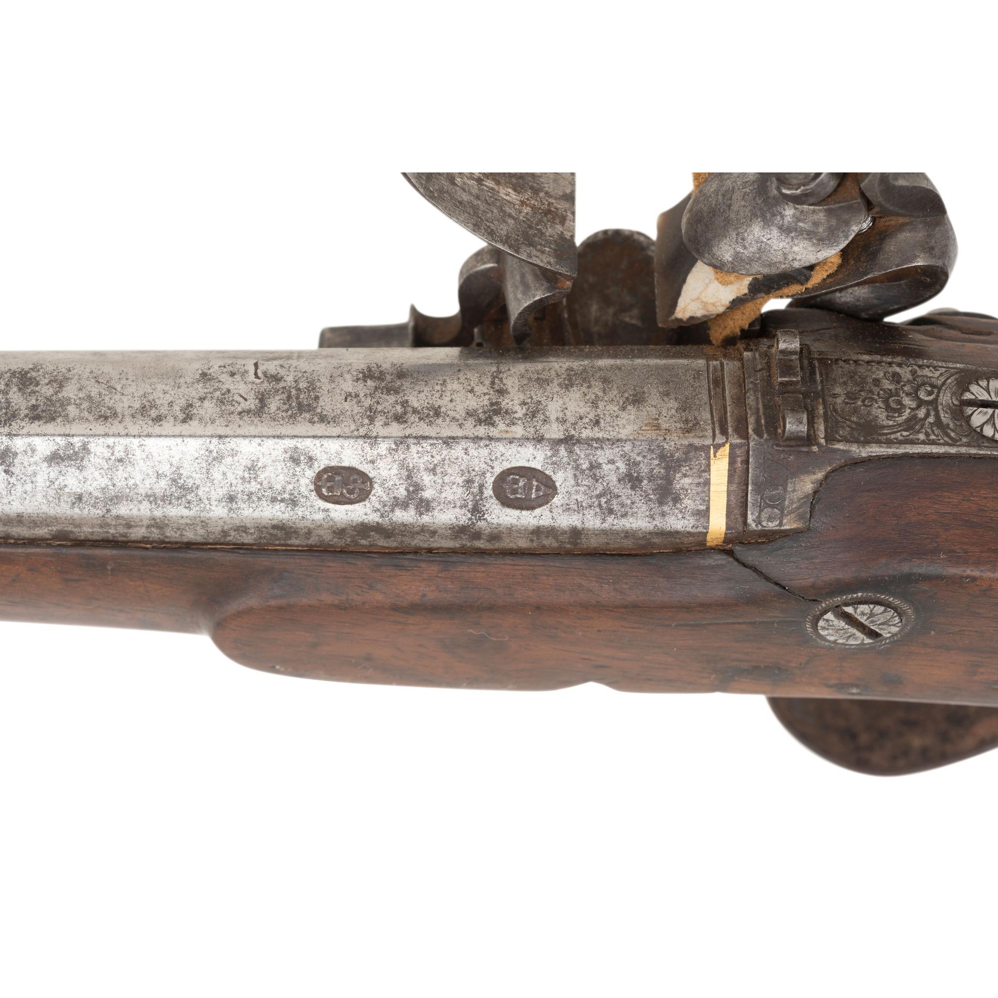Pair of Flintlock Pistols by Clarke with Detachable Stock in Repurposed Wood Case