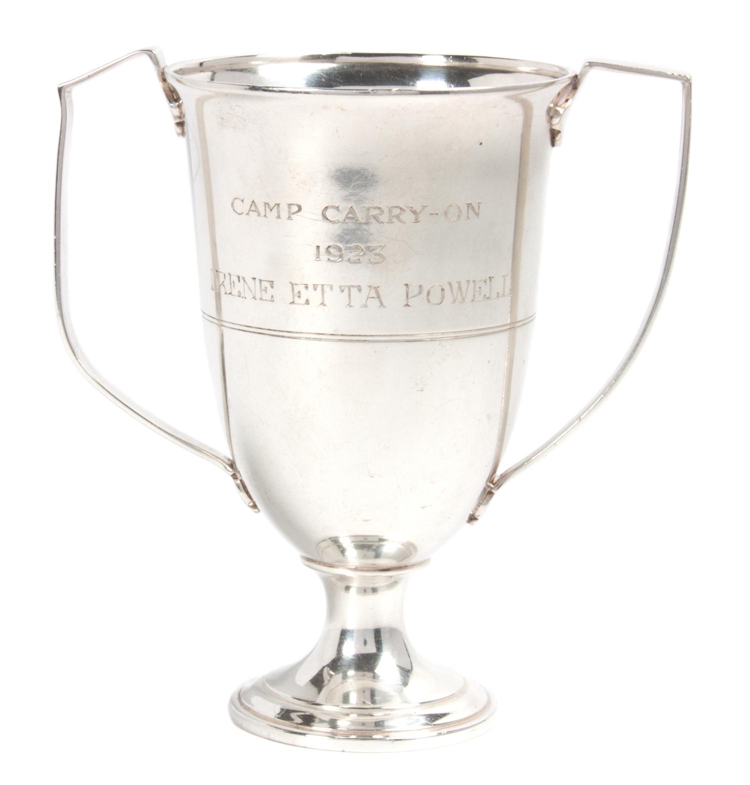 An American Silver Two-Handled Trophy Cup, Tiffany & Co., New York, NY, engraved Camp Carry-on 1923 Irene Etta Powell.