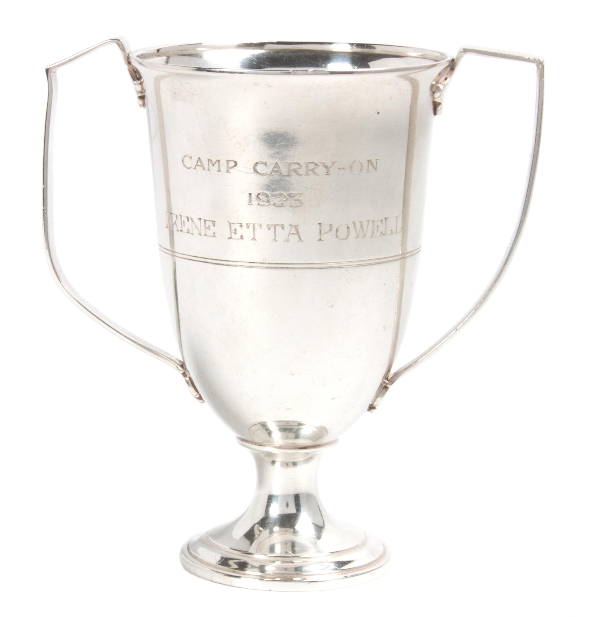 An American Silver Two-Handled Trophy Cup, Tiffany & Co., New York, NY, engraved Camp Carry-on 1923 Irene Etta Powell.