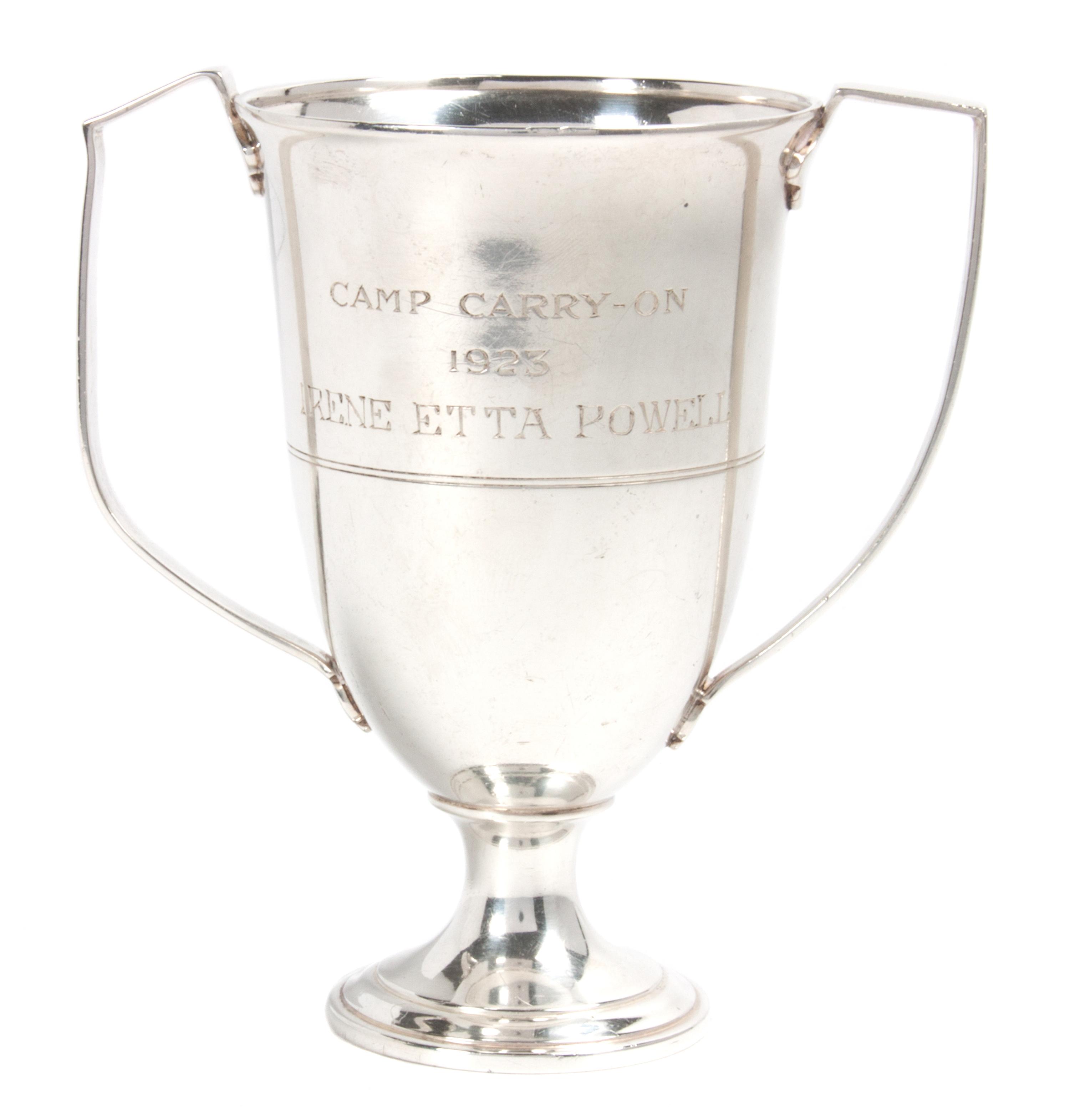 An American Silver Two-Handled Trophy Cup, Tiffany & Co., New York, NY, engraved Camp Carry-on 1923 Irene Etta Powell.