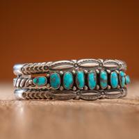 Navajo Stamped Silver and Turquoise Cuff Bracelet