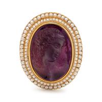 GLASS AND PEARL CAMEO BROOCH