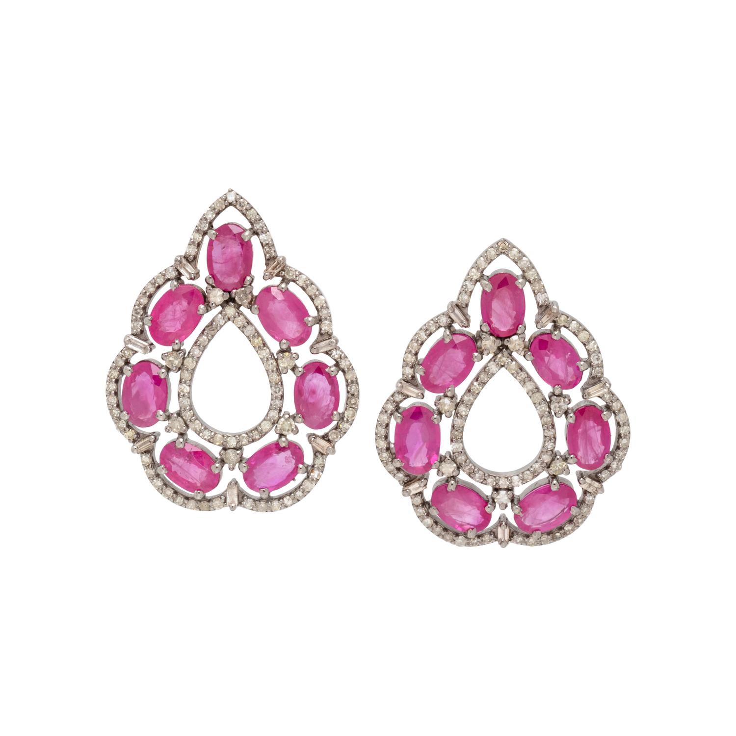 SYNTHETIC RUBY AND DIAMOND EARRINGS