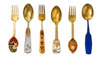 Fourteen Danish Silver-Gilt and Enamel Christmas Spoons and Forks, Anton Michelsen, Copenhagen, comprising spoon and fork examples for