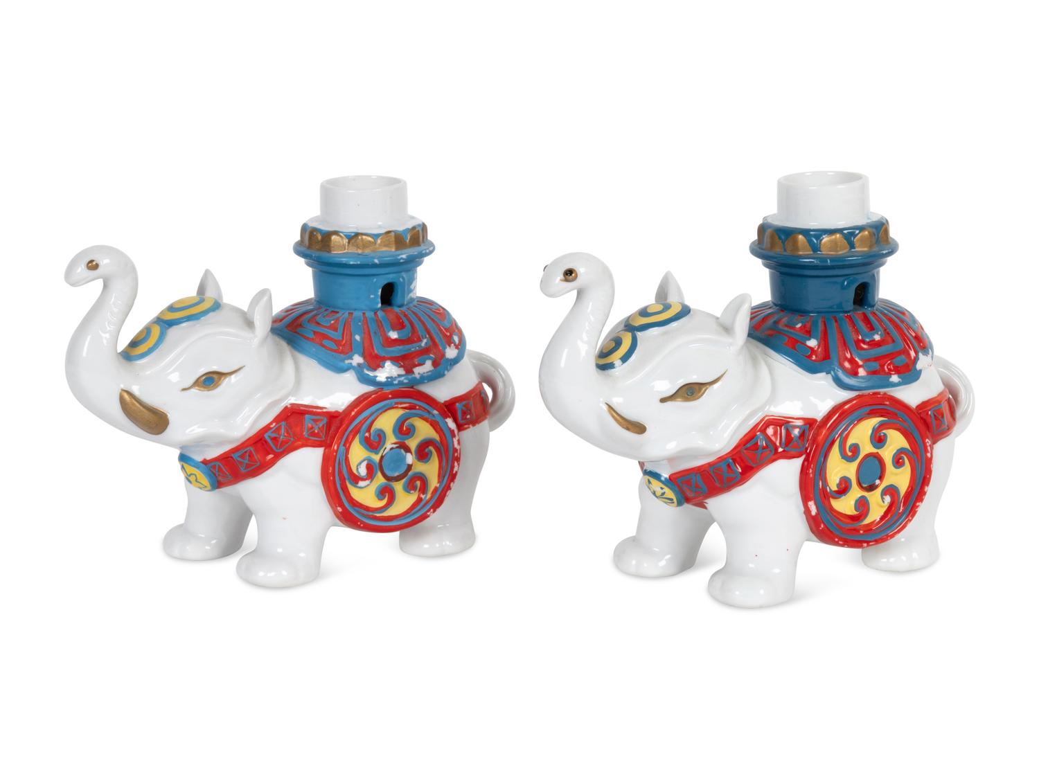 A Pair of Porcelain Elephant-Form Candlesticks