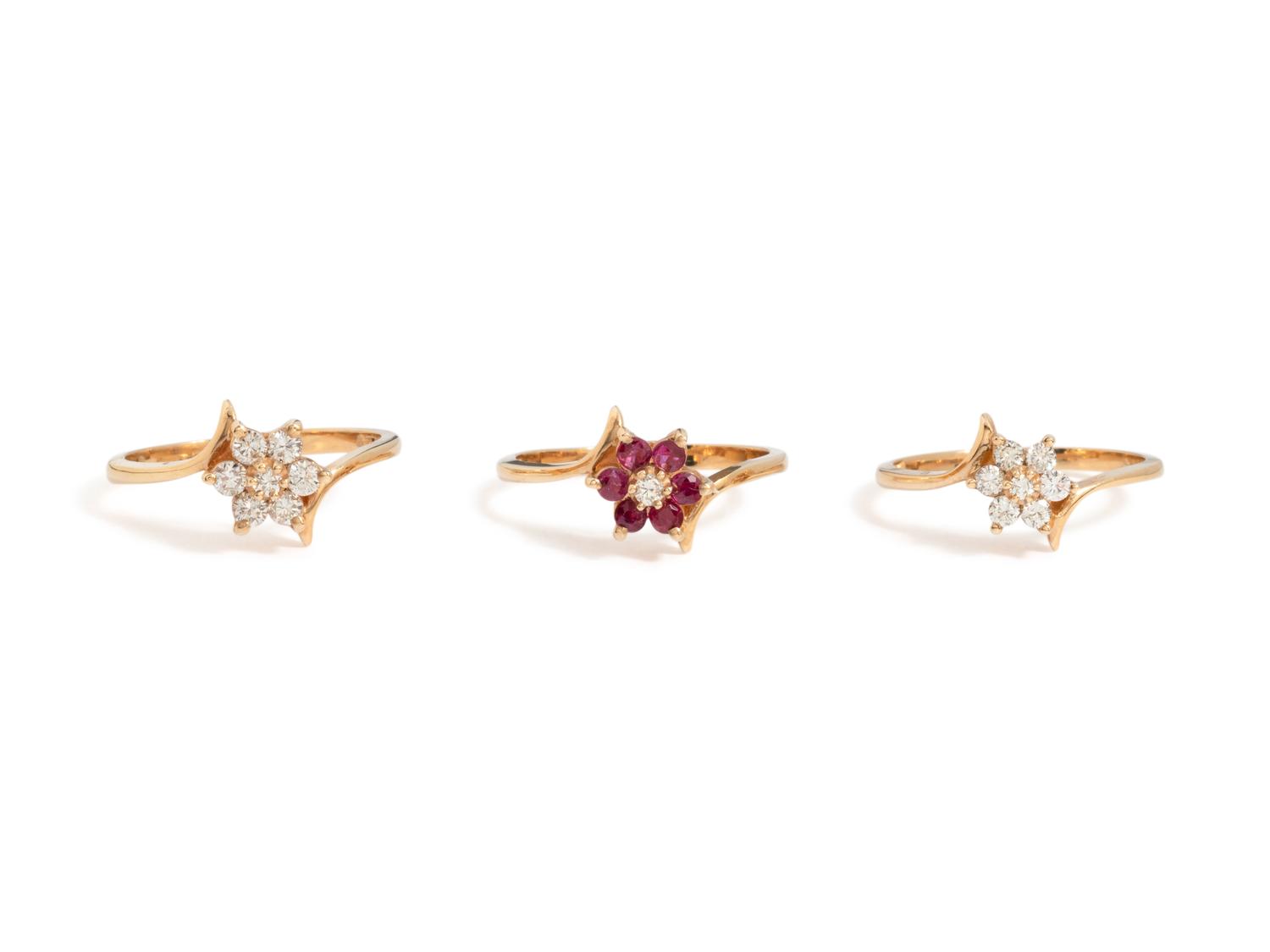 COLLECTION OF YELLOW GOLD, DIAMOND AND RUBY RINGS