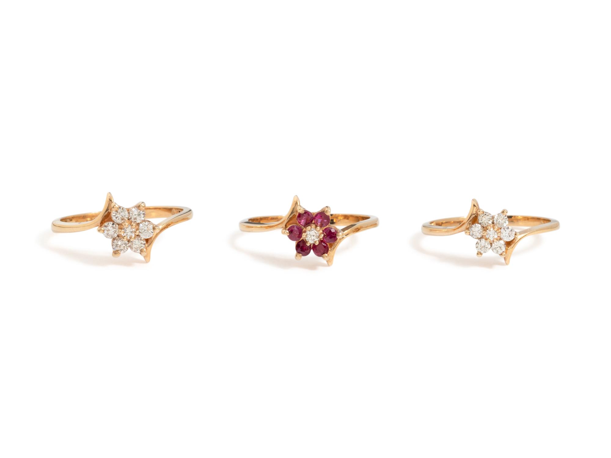 COLLECTION OF YELLOW GOLD, DIAMOND AND RUBY RINGS